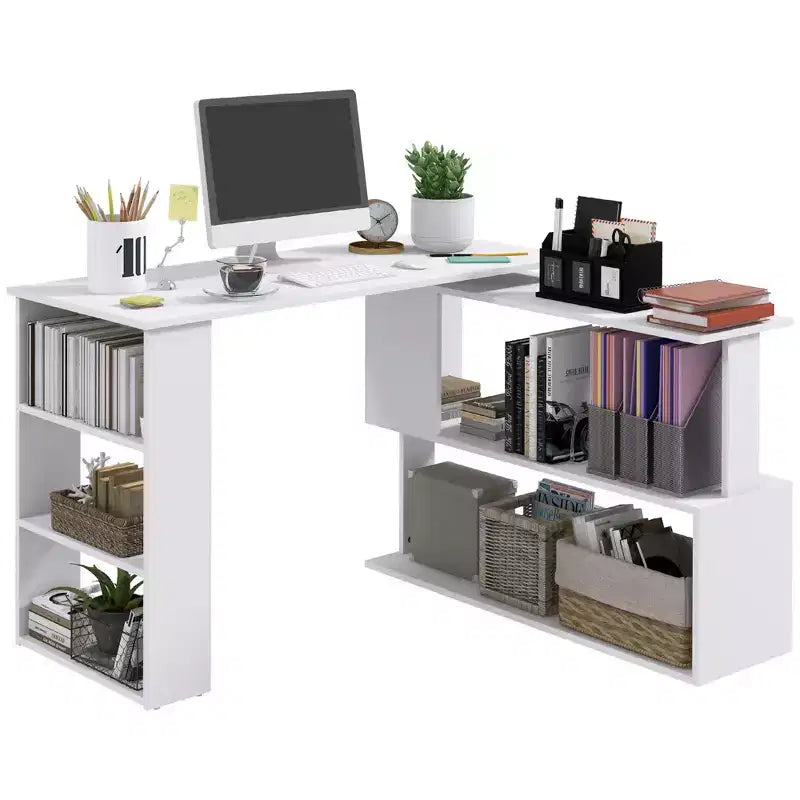 Rotating L Shaped Computer Desk with Shelves Space Saving Corner Desk with Storage