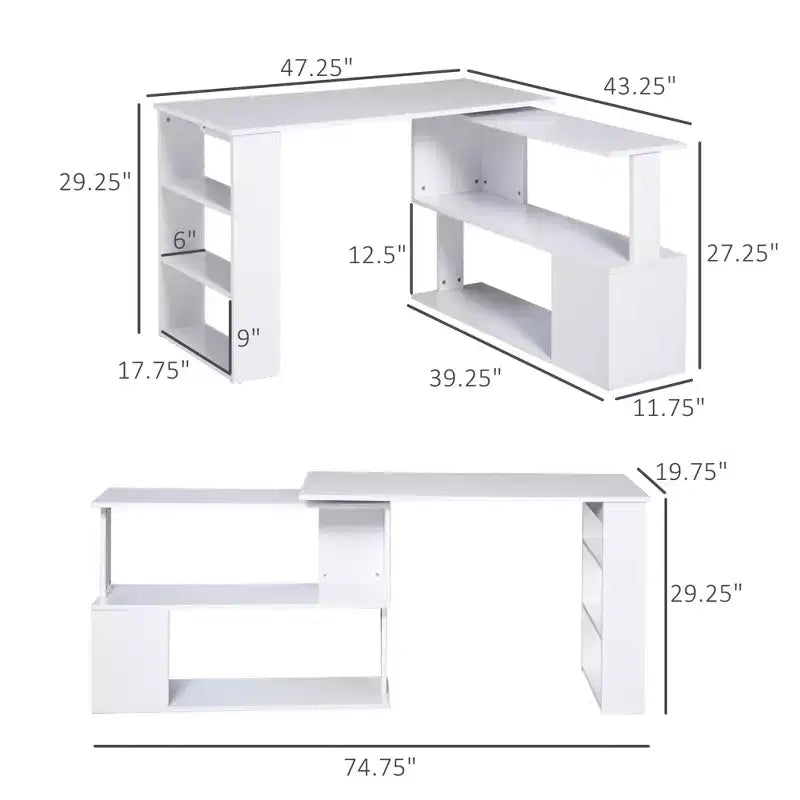 Rotating L Shaped Computer Desk with Shelves Space Saving Corner Desk with Storage