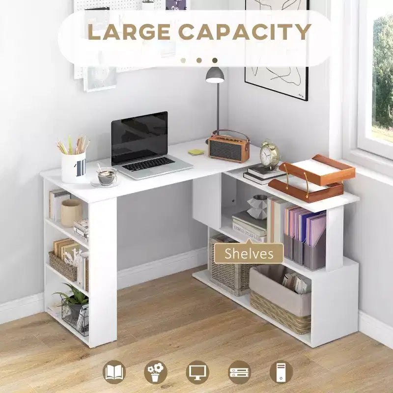 Rotating L Shaped Computer Desk with Shelves Space Saving Corner Desk with Storage