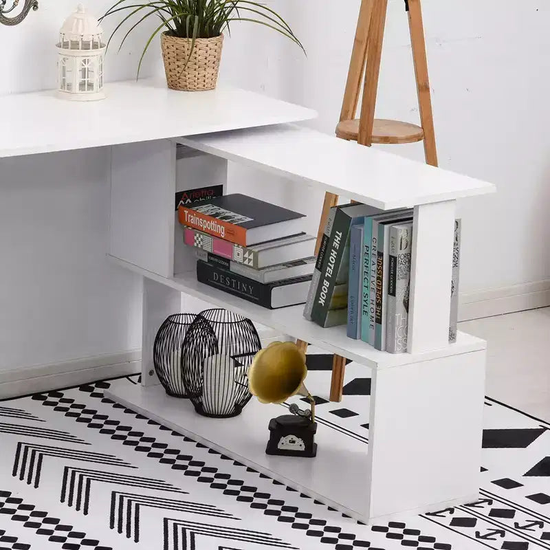 Rotating L Shaped Computer Desk with Shelves Space Saving Corner Desk with Storage