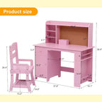 Kids Desk, Study Desk and Chair Set for Boys and Girl, Wooden Kids Writing Table with Bookshelf, Bulletin Board, Cabinet and Drawer for Ages 3-8