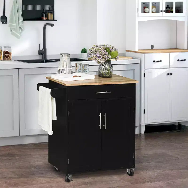 FAMYYT Isola da cucina in impiallacciato in gomma nera, 142 cm, con ripiano regolabile, mensole a 1 anta, 4 ruote con cassetti profondi