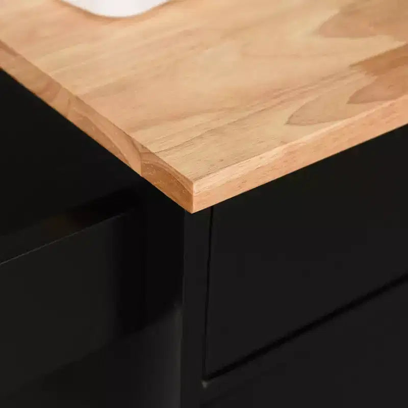 FAMYYT Isola da cucina in impiallacciato in gomma nera, 142 cm, con ripiano regolabile, mensole a 1 anta, 4 ruote con cassetti profondi
