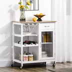 FAMYYT White Bamboo Wood Top 19 in. Kitchen Island with 4-bottle Wine Rack, Bar Cart with Stemware Holder, Drawer and Cabinet