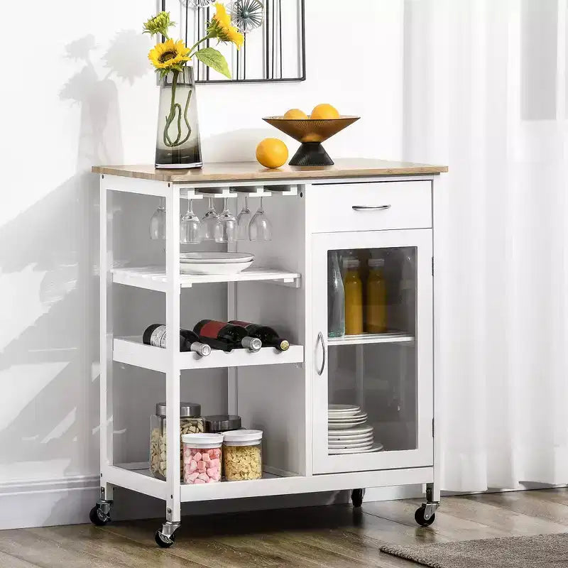 FAMYYT White Bamboo Wood Top 19 in. Kitchen Island with 4-bottle Wine Rack, Bar Cart with Stemware Holder, Drawer and Cabinet