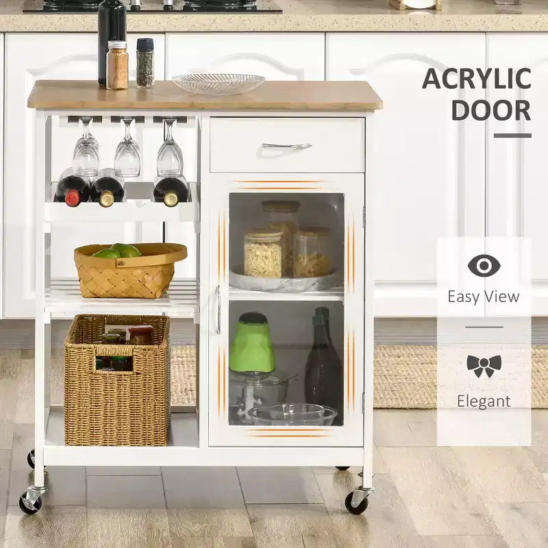 FAMYYT White Bamboo Wood Top 19 in. Kitchen Island with 4-bottle Wine Rack, Bar Cart with Stemware Holder, Drawer and Cabinet
