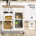 FAMYYT White Bamboo Wood Top 19 in. Kitchen Island with 4-bottle Wine Rack, Bar Cart with Stemware Holder, Drawer and Cabinet