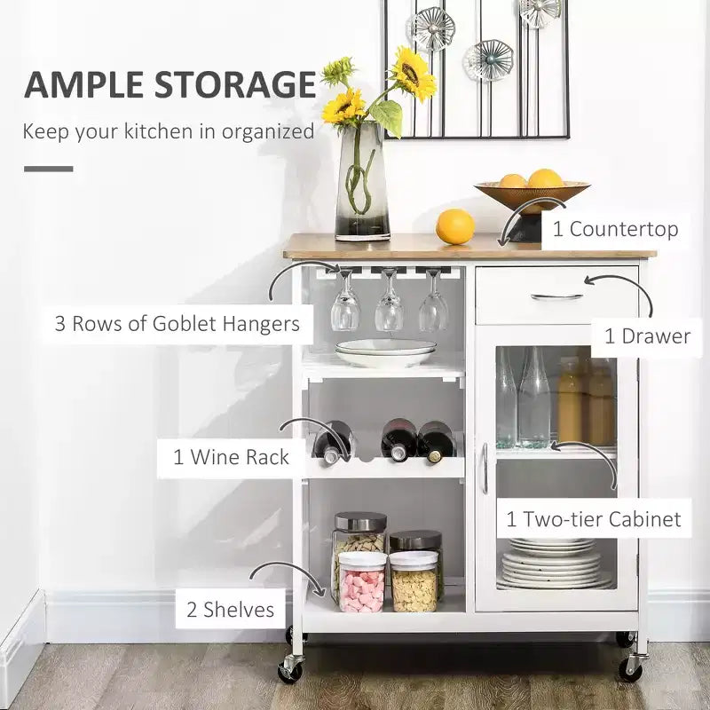 FAMYYT White Bamboo Wood Top 19 in. Kitchen Island with 4-bottle Wine Rack, Bar Cart with Stemware Holder, Drawer and Cabinet