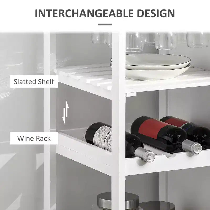 FAMYYT White Bamboo Wood Top 19 in. Kitchen Island with 4-bottle Wine Rack, Bar Cart with Stemware Holder, Drawer and Cabinet