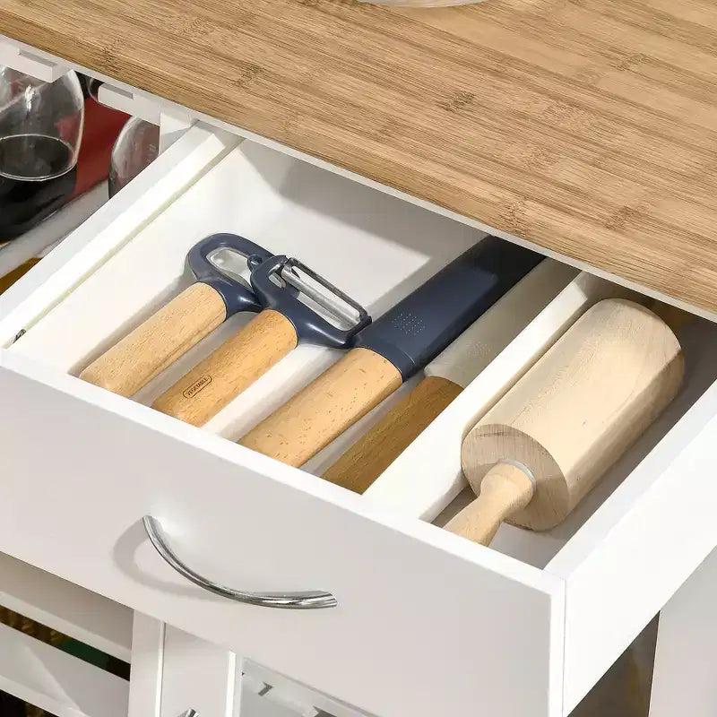 FAMYYT White Bamboo Wood Top 19 in. Kitchen Island with 4-bottle Wine Rack, Bar Cart with Stemware Holder, Drawer and Cabinet