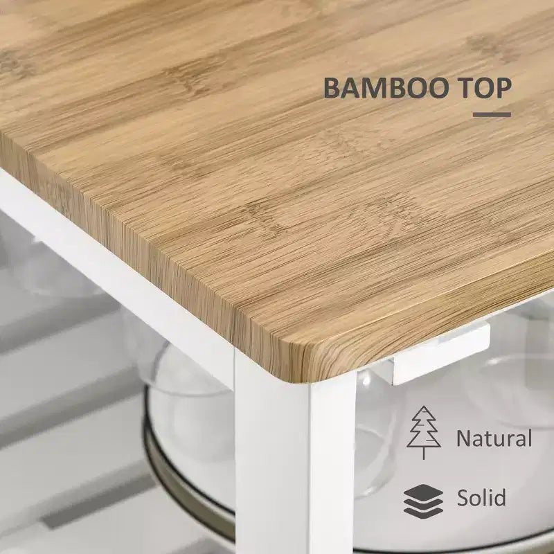 FAMYYT White Bamboo Wood Top 19 in. Kitchen Island with 4-bottle Wine Rack, Bar Cart with Stemware Holder, Drawer and Cabinet