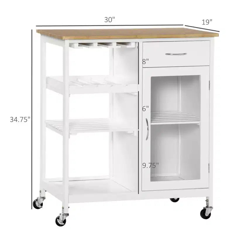 FAMYYT White Bamboo Wood Top 19 in. Kitchen Island with 4-bottle Wine Rack, Bar Cart with Stemware Holder, Drawer and Cabinet