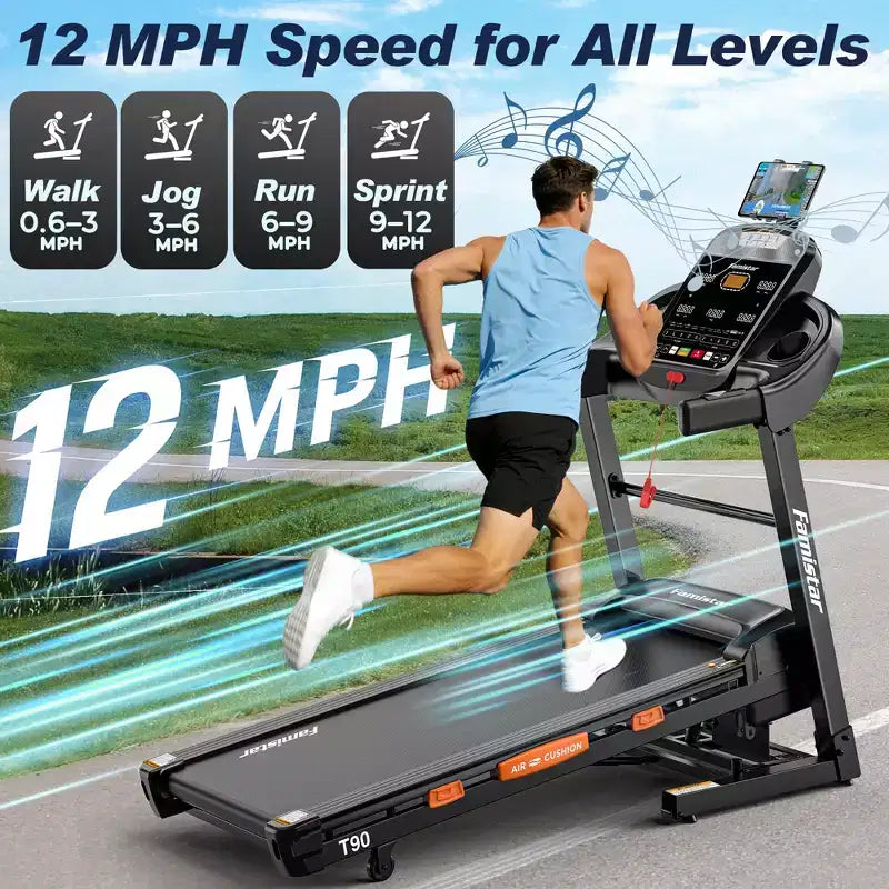 Tapis roulant da 5.0HP con inclinazione del 20%, macchina da corsa pieghevole per la casa con capacità di 400 libbre, velocità massima 12 MPH, 105 programmi, assorbimento degli urti