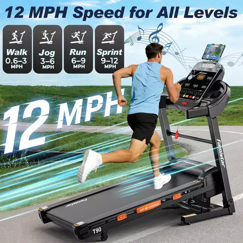5.0HP Treadmill with 20% Incline, 400LB Capacity Folding Running Machine for Home, 12MPH Max Speed, 105 Programs, Shock Absorption
