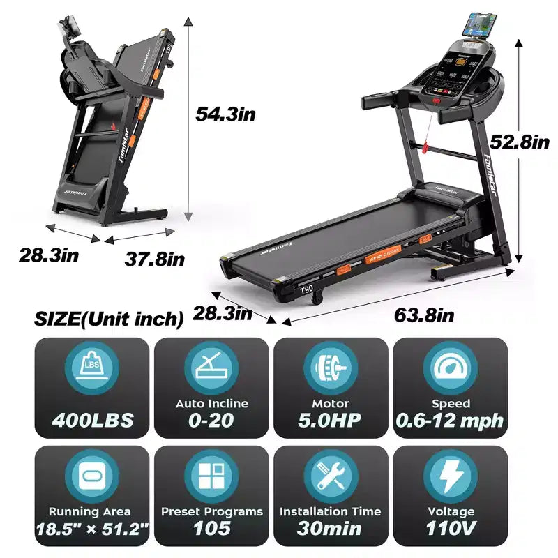 Tapis roulant da 5.0HP con inclinazione del 20%, macchina da corsa pieghevole per la casa con capacità di 400 libbre, velocità massima 12 MPH, 105 programmi, assorbimento degli urti