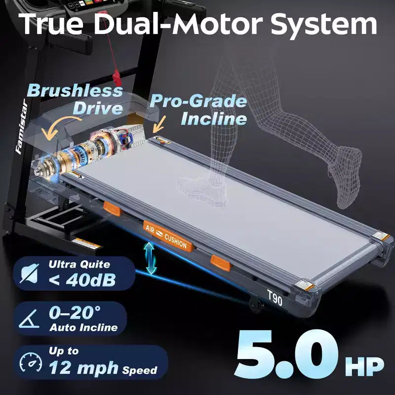 Tapis roulant da 5.0HP con inclinazione del 20%, macchina da corsa pieghevole per la casa con capacità di 400 libbre, velocità massima 12 MPH, 105 programmi, assorbimento degli urti