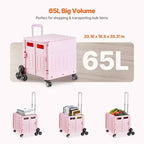 65L Foldable Utility Cart with Stair Climbing and 360 Degree Swivel Wheels, Collapsible Rolling Crate for Shopping, Office and Moving, Pink