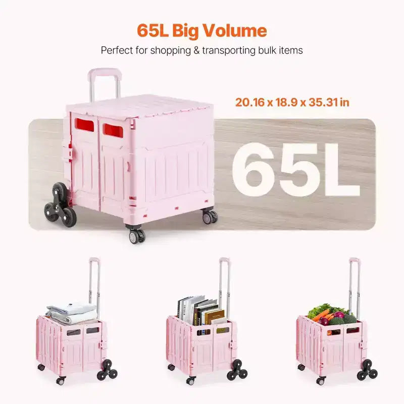 65L Foldable Utility Cart with Stair Climbing and 360 Degree Swivel Wheels, Collapsible Rolling Crate for Shopping, Office and Moving, Pink
