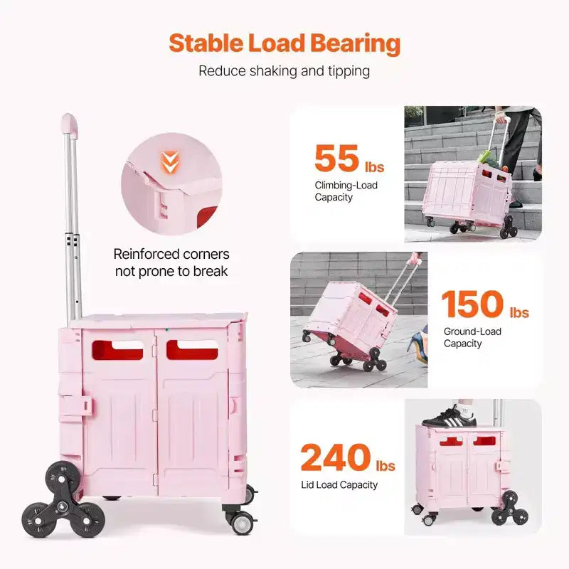 65L Foldable Utility Cart with Stair Climbing and 360 Degree Swivel Wheels, Collapsible Rolling Crate for Shopping, Office and Moving, Pink