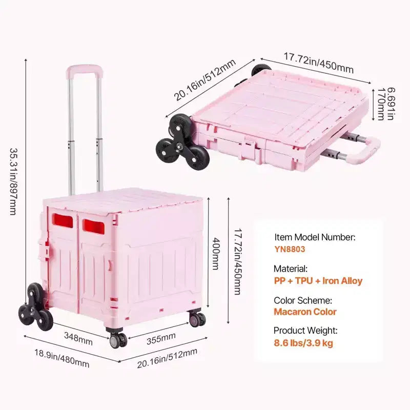 65L Foldable Utility Cart with Stair Climbing and 360 Degree Swivel Wheels, Collapsible Rolling Crate for Shopping, Office and Moving, Pink
