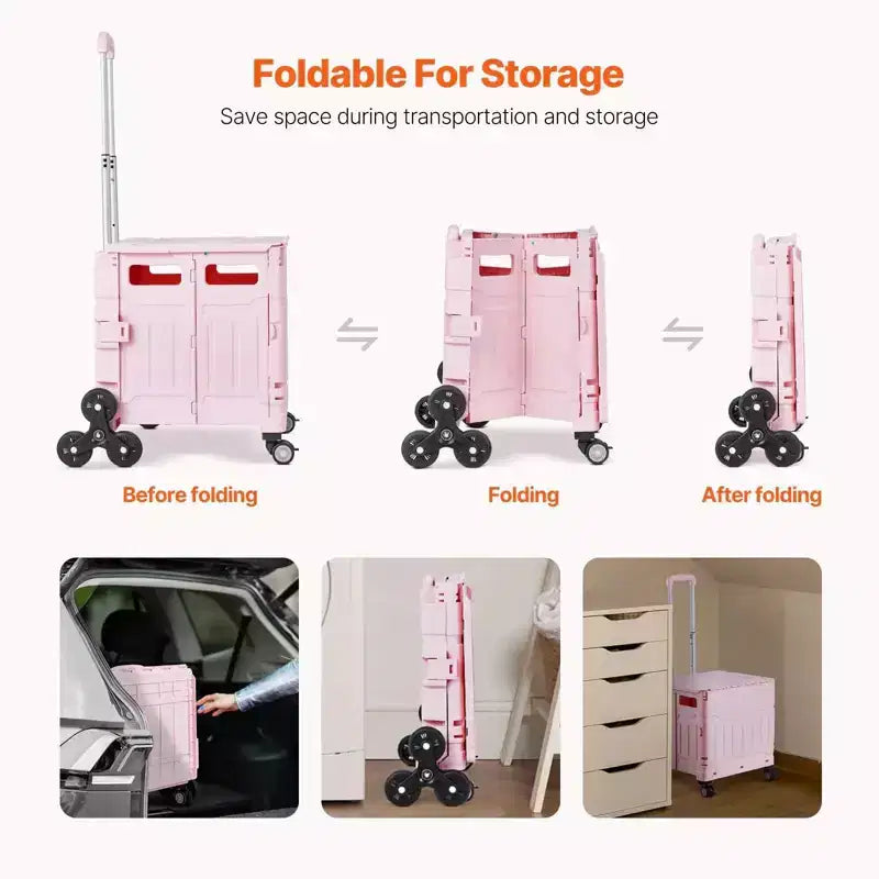 65L Foldable Utility Cart with Stair Climbing and 360 Degree Swivel Wheels, Collapsible Rolling Crate for Shopping, Office and Moving, Pink