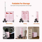 65L Foldable Utility Cart with Stair Climbing and 360 Degree Swivel Wheels, Collapsible Rolling Crate for Shopping, Office and Moving, Pink