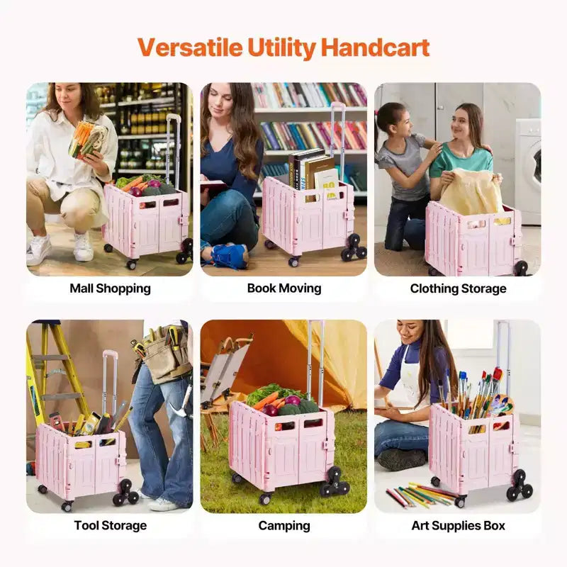 65L Foldable Utility Cart with Stair Climbing and 360 Degree Swivel Wheels, Collapsible Rolling Crate for Shopping, Office and Moving, Pink