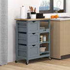 FAMYYT Gray Rubber Wood Top 14.5 in. Kitchen Island with 3-Drawers, 1 Serving Tray and 2 Slatted Shelves