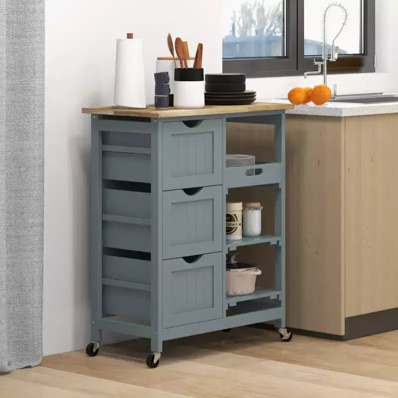 FAMYYT Gray Rubber Wood Top 14.5 in. Kitchen Island with 3-Drawers, 1 Serving Tray and 2 Slatted Shelves