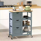 FAMYYT Gray Rubber Wood Top 14.5 in. Kitchen Island with 3-Drawers, 1 Serving Tray and 2 Slatted Shelves