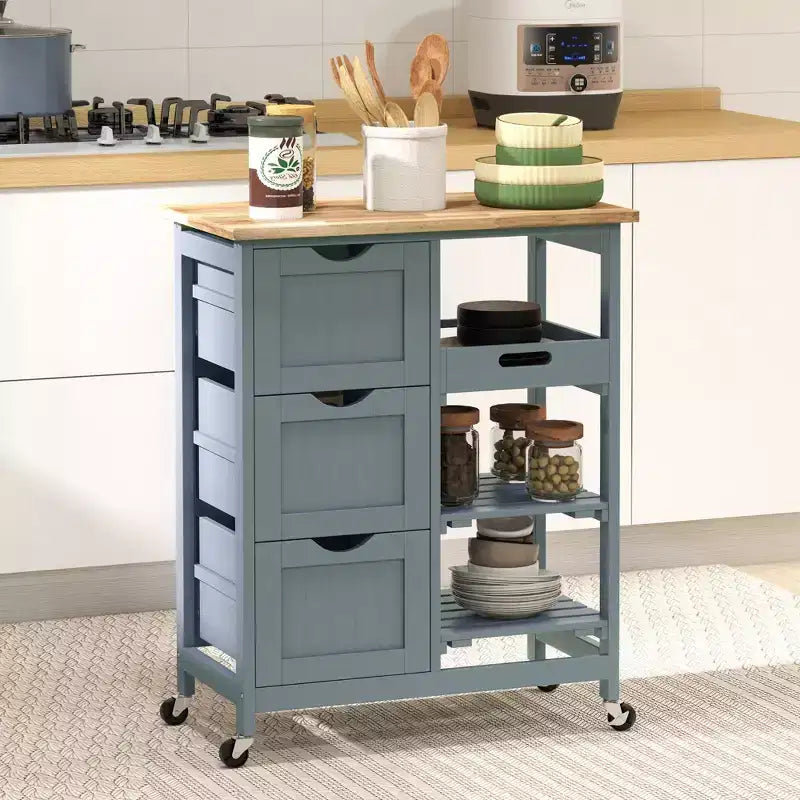 FAMYYT Gray Rubber Wood Top 14.5 in. Kitchen Island with 3-Drawers, 1 Serving Tray and 2 Slatted Shelves