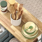 FAMYYT Gray Rubber Wood Top 14.5 in. Kitchen Island with 3-Drawers, 1 Serving Tray and 2 Slatted Shelves