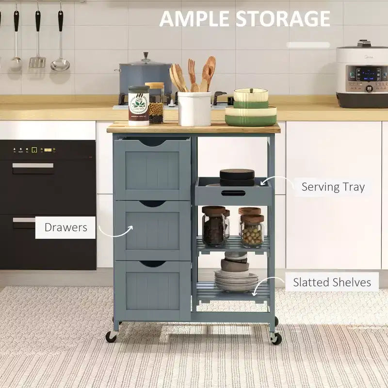 FAMYYT Gray Rubber Wood Top 14.5 in. Kitchen Island with 3-Drawers, 1 Serving Tray and 2 Slatted Shelves