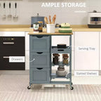 FAMYYT Gray Rubber Wood Top 14.5 in. Kitchen Island with 3-Drawers, 1 Serving Tray and 2 Slatted Shelves