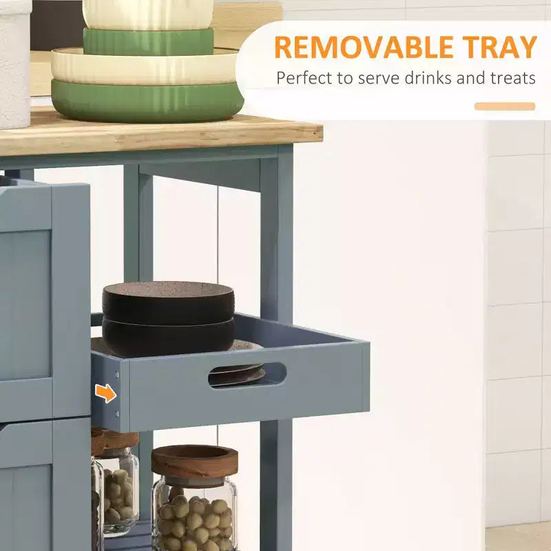 FAMYYT Gray Rubber Wood Top 14.5 in. Kitchen Island with 3-Drawers, 1 Serving Tray and 2 Slatted Shelves
