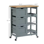 FAMYYT Gray Rubber Wood Top 14.5 in. Kitchen Island with 3-Drawers, 1 Serving Tray and 2 Slatted Shelves