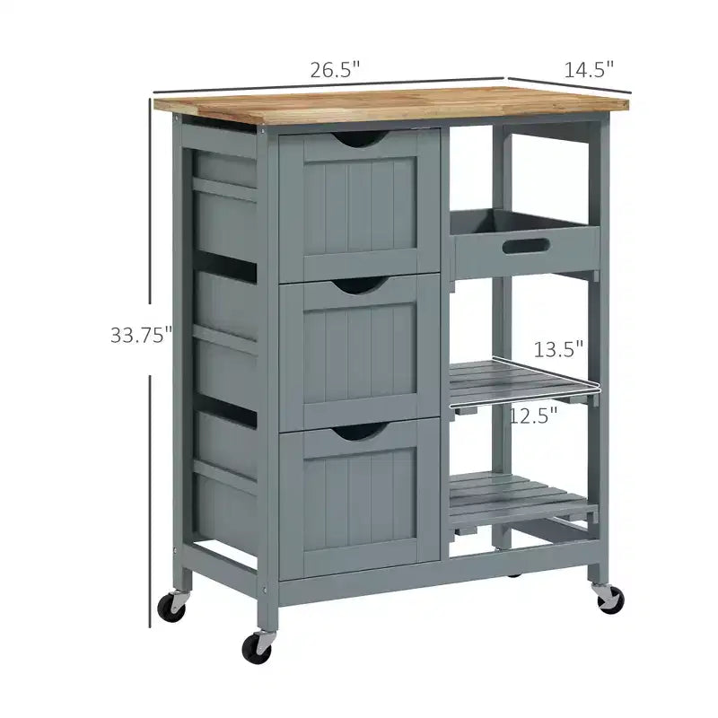 FAMYYT Gray Rubber Wood Top 14.5 in. Kitchen Island with 3-Drawers, 1 Serving Tray and 2 Slatted Shelves
