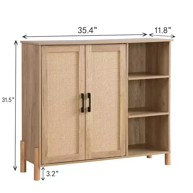 Mid-Century Storage Cabinet with Rattan Doors, Adjustable Shelves, Open Shelves, Boho Accent Cabinet for Living Room, Entryway - Panipeachy