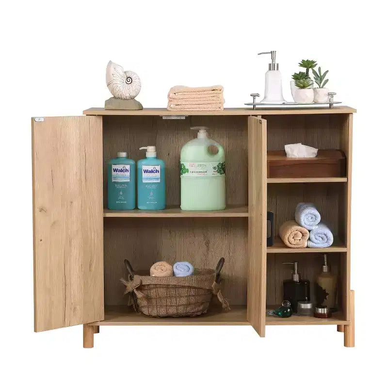 Mid-Century Storage Cabinet with Rattan Doors, Adjustable Shelves, Open Shelves, Boho Accent Cabinet for Living Room, Entryway - Panipeachy