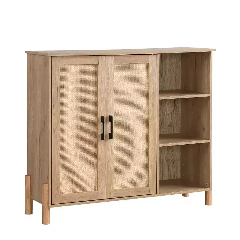 Mid-Century Storage Cabinet with Rattan Doors, Adjustable Shelves, Open Shelves, Boho Accent Cabinet for Living Room, Entryway - Panipeachy