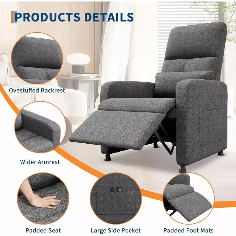 Recliner Chair, Adjustable Recliner Ergonomic Overstuffed Single Sofa, Tall Back, Padded Seat, 2 Side Pockets, Home Theater Seating for Living Room