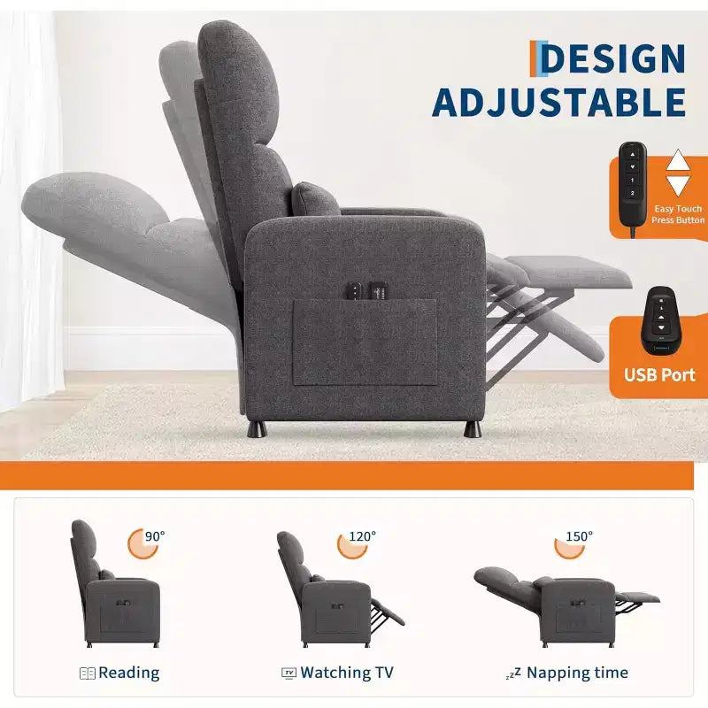 Recliner Chair, Adjustable Recliner Ergonomic Overstuffed Single Sofa, Tall Back, Padded Seat, 2 Side Pockets, Home Theater Seating for Living Room
