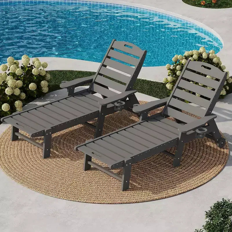 5-Position Patio Lounge Chair for Outside, HDPE Chaise Lounge Outdoor with Cup Holder, Resin Pool Lounger Chair with Rolling Wheels