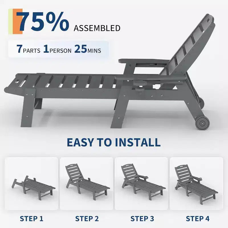 5-Position Patio Lounge Chair for Outside, HDPE Chaise Lounge Outdoor with Cup Holder, Resin Pool Lounger Chair with Rolling Wheels