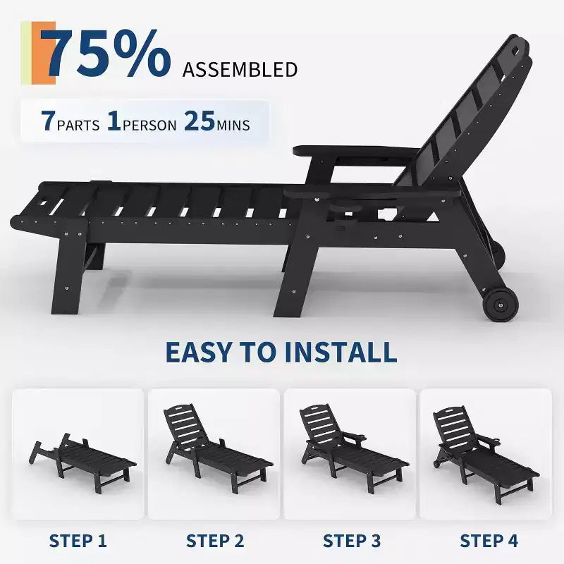 5-Position Patio Lounge Chair for Outside, HDPE Chaise Lounge Outdoor with Cup Holder, Resin Pool Lounger Chair with Rolling Wheels