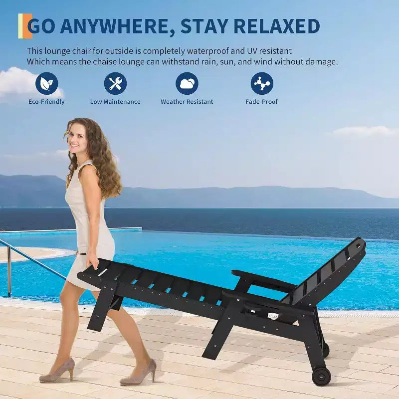 5-Position Patio Lounge Chair for Outside, HDPE Chaise Lounge Outdoor with Cup Holder, Resin Pool Lounger Chair with Rolling Wheels