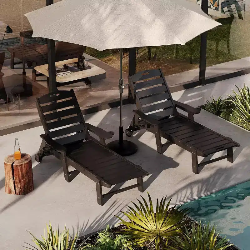 5-Position Patio Lounge Chair for Outside, HDPE Chaise Lounge Outdoor with Cup Holder, Resin Pool Lounger Chair with Rolling Wheels