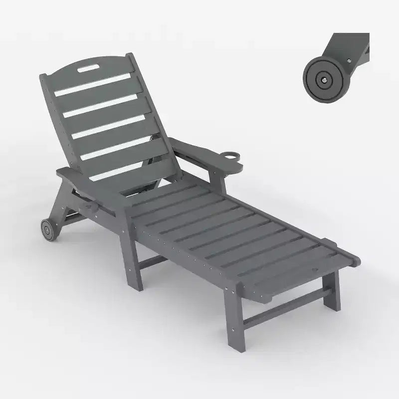 5-Position Patio Lounge Chair for Outside, HDPE Chaise Lounge Outdoor with Cup Holder, Resin Pool Lounger Chair with Rolling Wheels