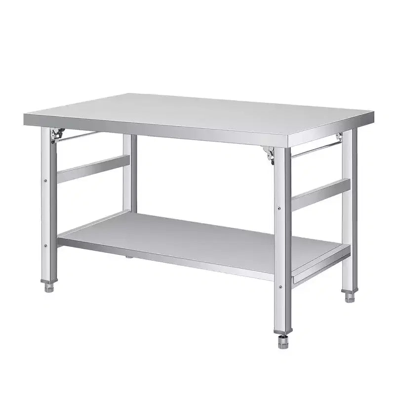 Tavolo da preparazione pieghevole in acciaio inox - Banco da lavoro a doppio ripiano per impieghi gravosi con ripiano inferiore regolabile - Ruote bloccabili - Capacità 204-417 kg