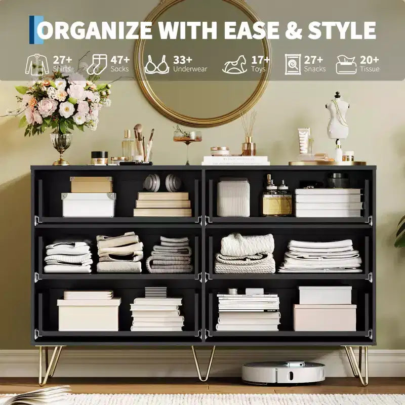 COZONY Fluted Dresser with 6 Drawers, 47 Wide Modern Chest with Metal Handles for Bedroom & Living Room